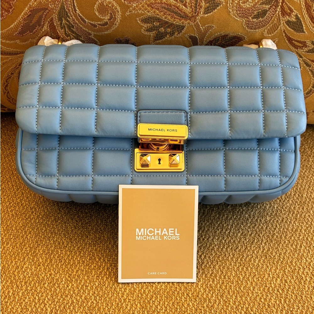 🩵 Michael Kors Tribeca Large Quilted Blue Crossbody Bag - Picture 12 of 17
